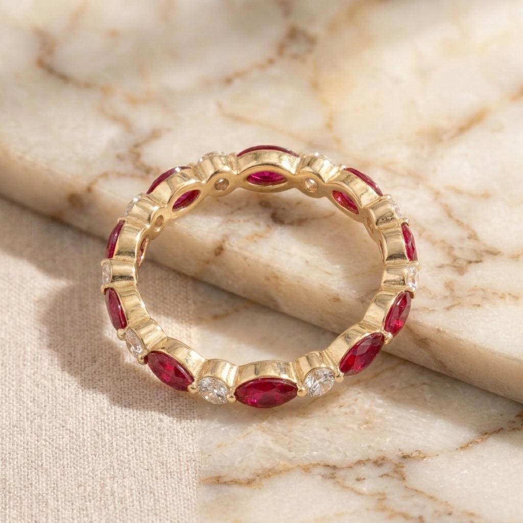 Ruby Moissanite Eternity Band Ring | Marquise Round Alternating Wedding Band | 18k Gold Plated 925 Silver | Stacking Bridal Anniversary Ring