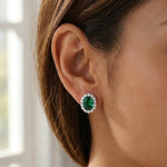 Load image into Gallery viewer, Oval Emerald Halo Stud Earrings 925 Silver | May Birthstone Pave Studs | Lab Emerald Bridal Jewelry | Anniversary Gift For Her | Green