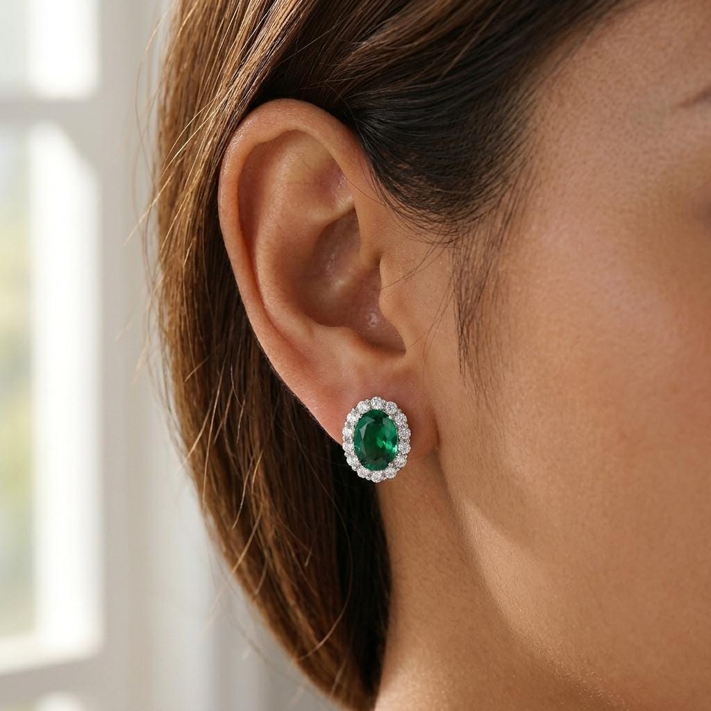 Oval Emerald Halo Stud Earrings 925 Silver | May Birthstone Pave Studs | Lab Emerald Bridal Jewelry | Anniversary Gift For Her | Green