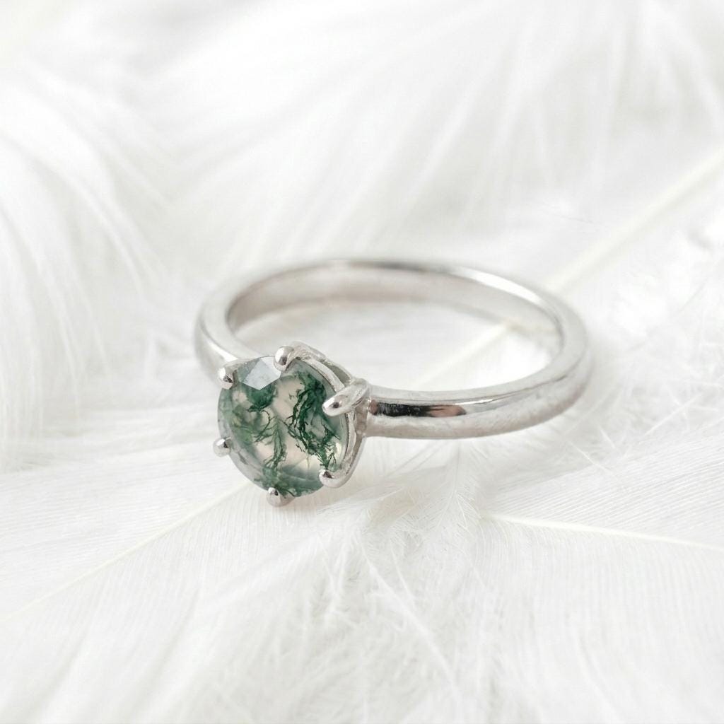 Moss Agate Ring 925 Sterling Silver | Round Rose Cut Solitaire | Hammered Band Promise Ring | Nature Engagement Ring Gift For Her