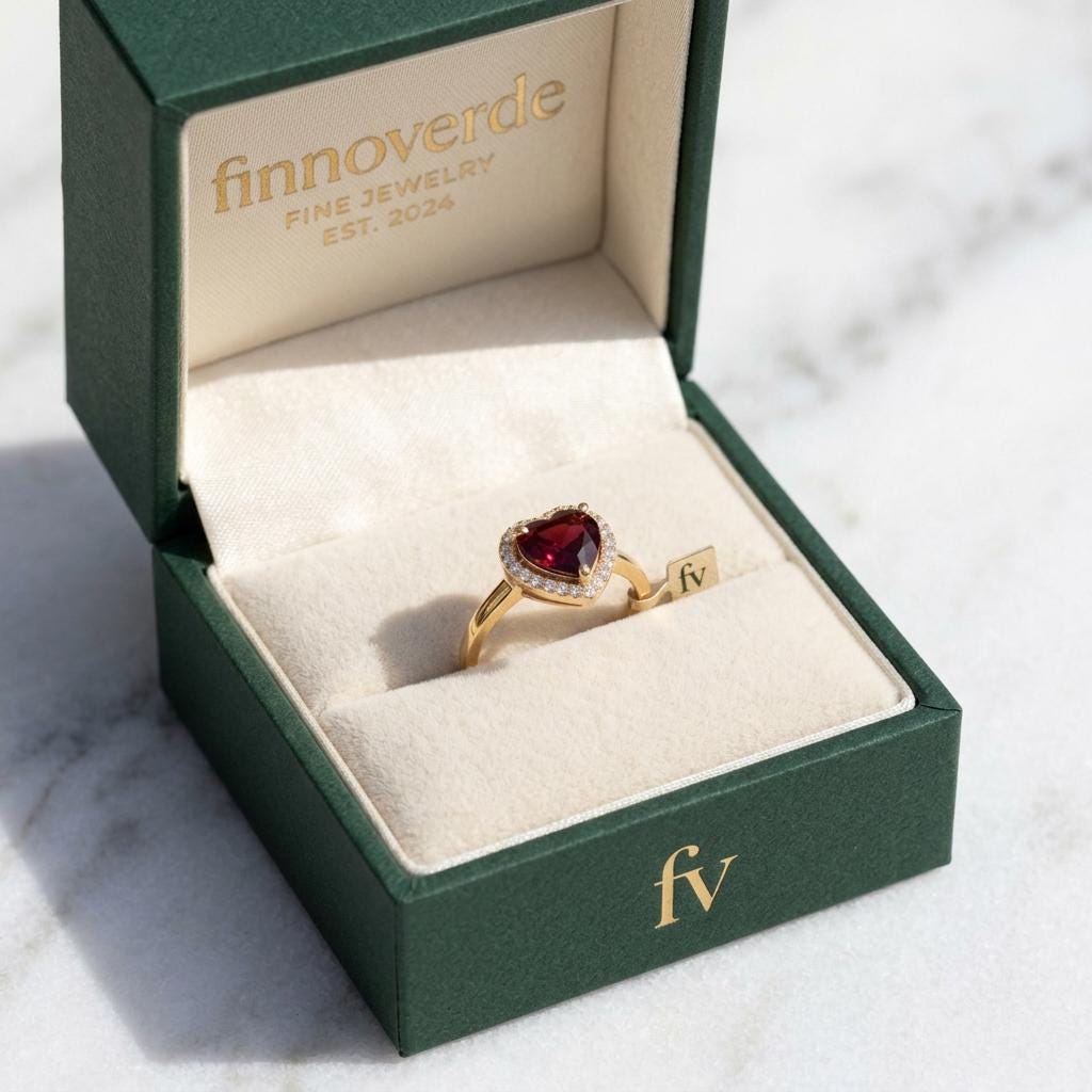 Heart Cut Garnet Ring | Halo Engagement Ring | 18K Gold Plated Red Gemstone Ring | January Birthstone Ring | Promise Ring Gift For Her