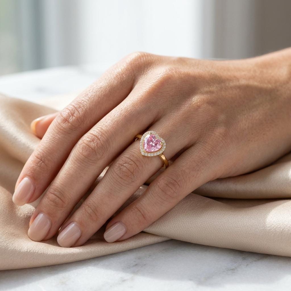 Pink Heart Halo Ring | Heart Cut CZ Stone Ring | 18K Gold Plated 925 Silver | Diamond Halo Engagement Ring | Promise Ring For Her