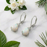 Load image into Gallery viewer, 925 Sterling Silver Pear White Natural Opal Lever Back Drop Earrings | CZ Accent  | October Birthstone | Gift For Her | Boho Bridal Earrings