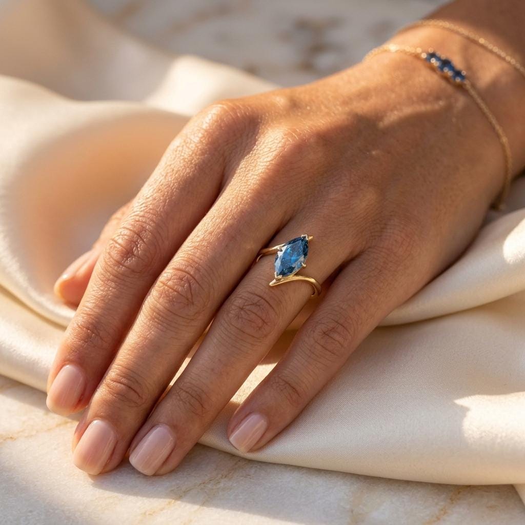 Blue Topaz Marquise Solitaire Ring | 14k Gold Marquise Engagement Ring | 10x5mm Stone | Unique Curved Bypass Promise Ring | Promise Gift