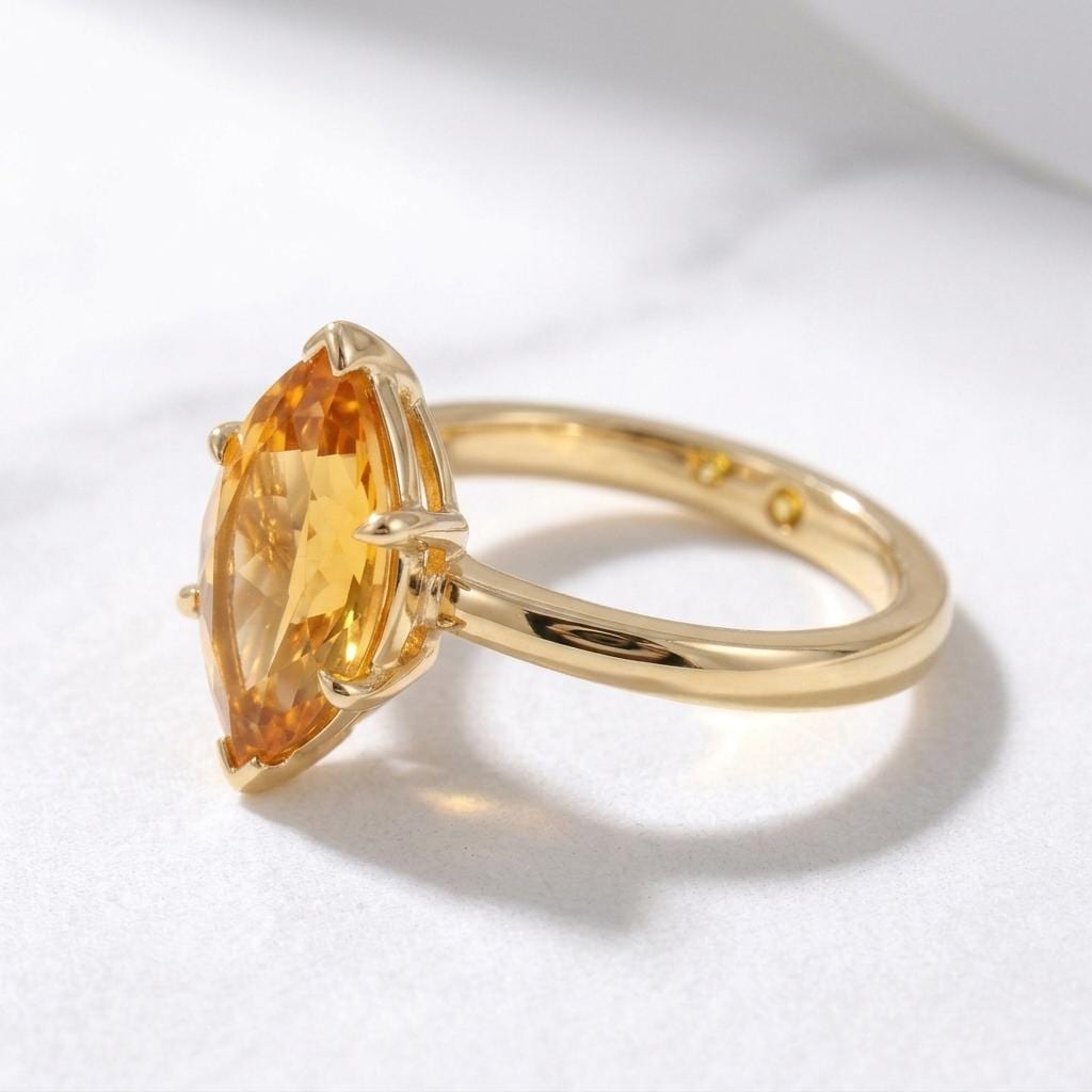 Yellow Citrine Ring | Marquise Cut 18K Gold Plated | Sterling Silver Prong Set | November Birthstone | Statement Ring for Her | Minimalist