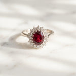 Load image into Gallery viewer, Oval Red Garnet Halo Ring 925 Silver | Moissanite Assent Halo Ring | Princess Diana Style Ring | Garnet Engagement Ring Gift Her