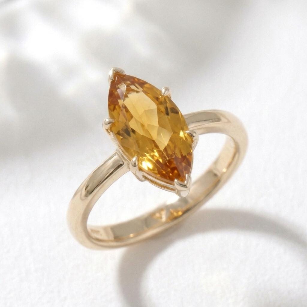Yellow Citrine Ring | Marquise Cut 18K Gold Plated | Sterling Silver Prong Set | November Birthstone | Statement Ring for Her | Minimalist