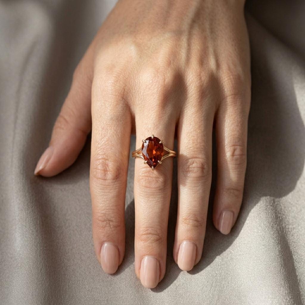 Pear Cut Red Garnet Split Shank Solitaire Ring