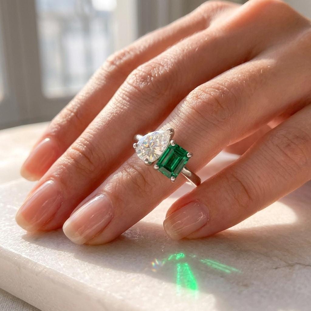 Toi Et Moi Moissanite & Emerald Ring | Two Stone Engagement Ring | 925 Sterling Silver