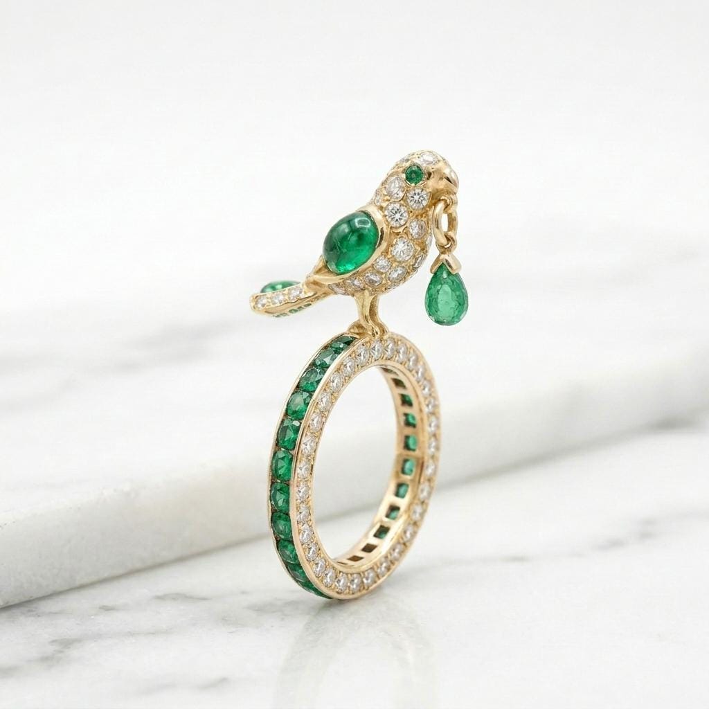Bird Ring Ruby Emerald 925 Silver | Parrot Statement Ring | Ruby Eternity Band | Gemstone Cocktail Ring | Unique Animal Ring Gift For Her