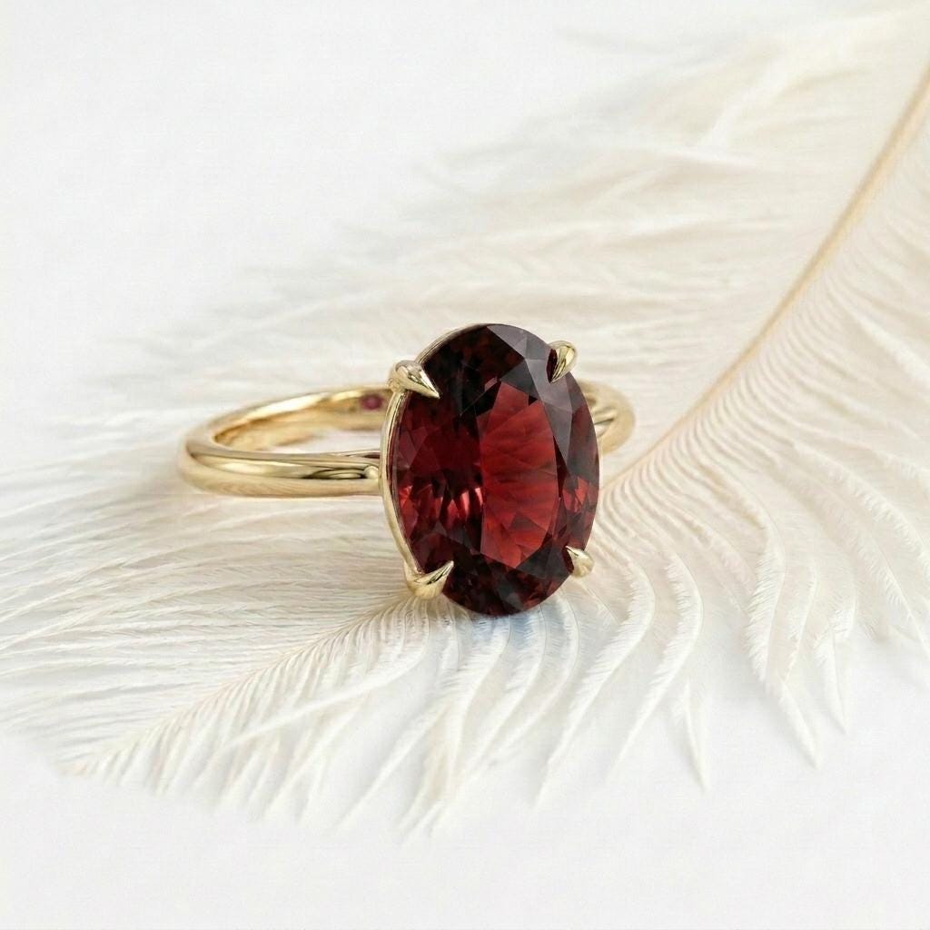 Elegant Oval Garnet Ring, 14K Gold Plated 925 Sterling Silver, January Birthstone Engagement Ring