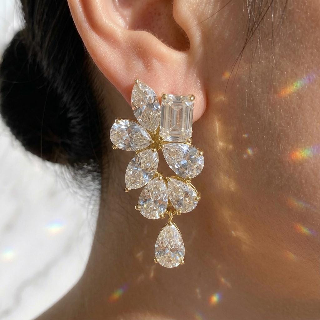 Moissanite Cluster Drop Earrings | Emerald Marquise Pear Cut Floral Statement Earrings | 18k Gold Plated 925 Silver | Bridal Wedding Dangle