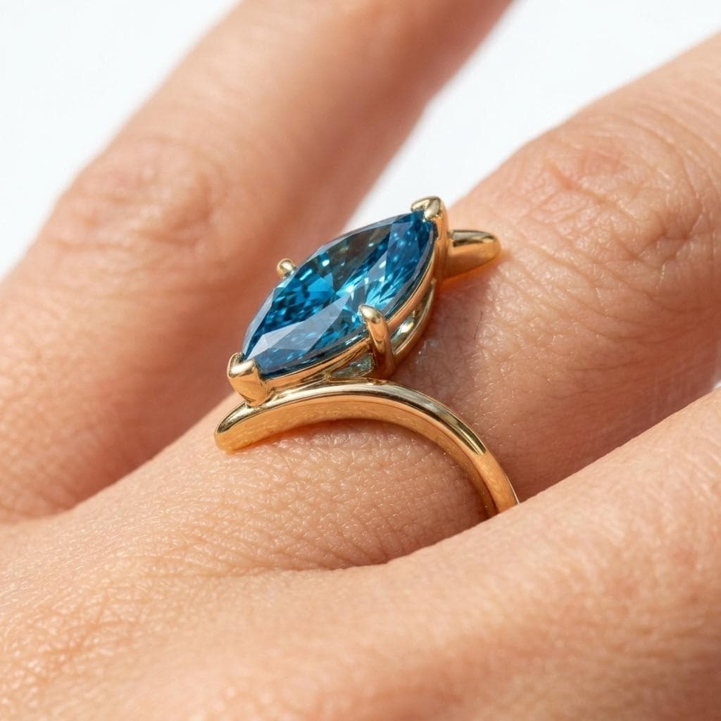 Blue Topaz Marquise Solitaire Ring | 14k Gold Marquise Engagement Ring | 10x5mm Stone | Unique Curved Bypass Promise Ring | Promise Gift