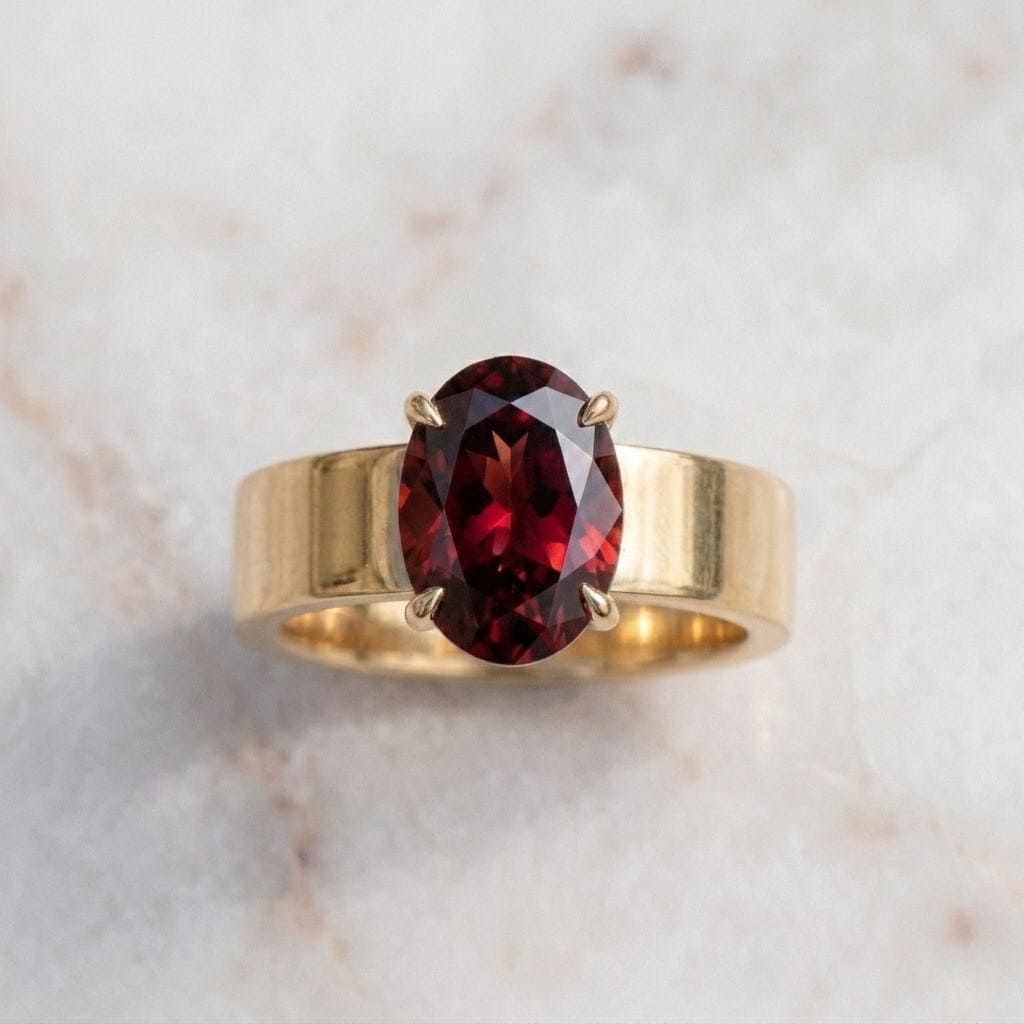 Men's Oval Garnet Solitaire Ring |  Wide Cigar Band Ring for Men | 18K Gold Plated 925 Silver | Red Gemstone Ring | Unisex Statement Ring