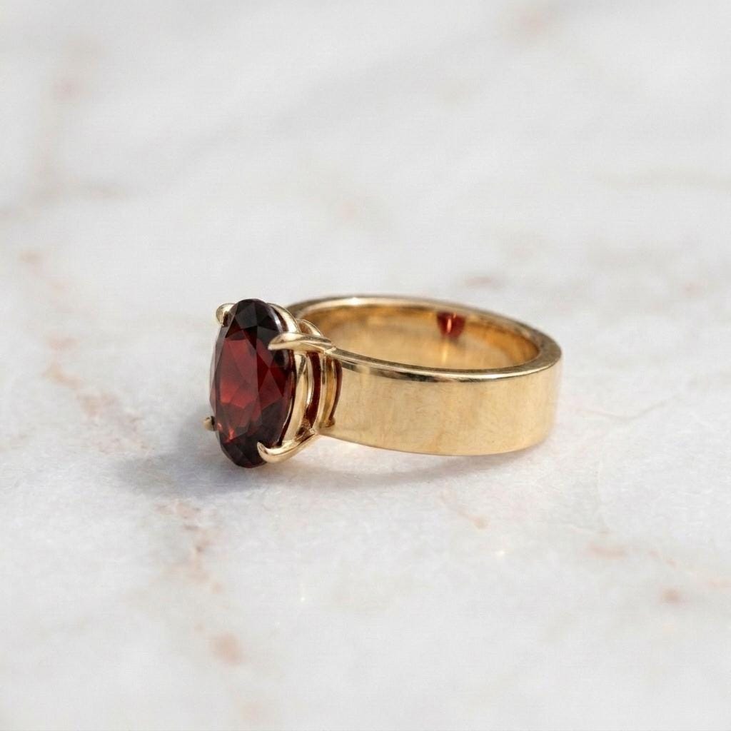 Men's Oval Garnet Solitaire Ring |  Wide Cigar Band Ring for Men | 18K Gold Plated 925 Silver | Red Gemstone Ring | Unisex Statement Ring