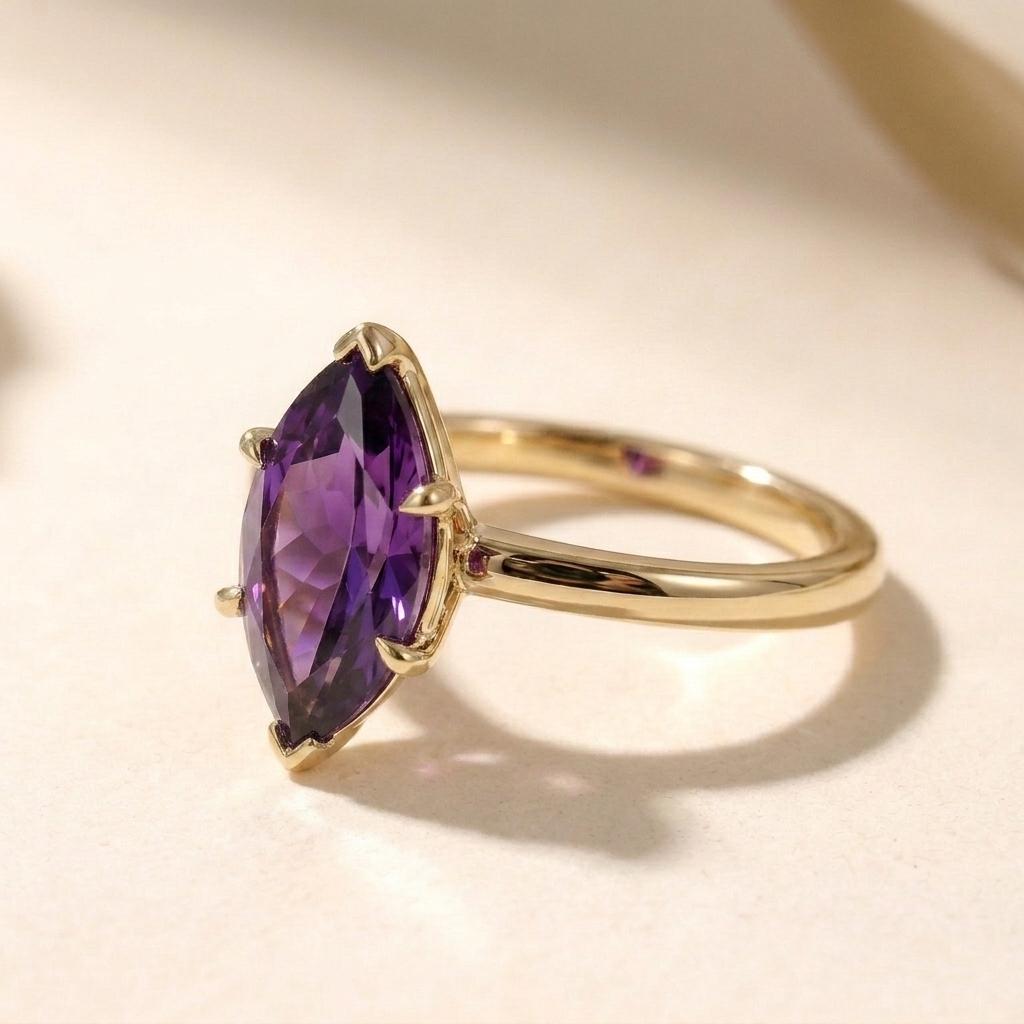 Marquise Amethyst Ring | 18k Gold Plated 925 Silver | Purple Gemstone Prong Setting Engagement Ring | Handmade Statement Ring For Women