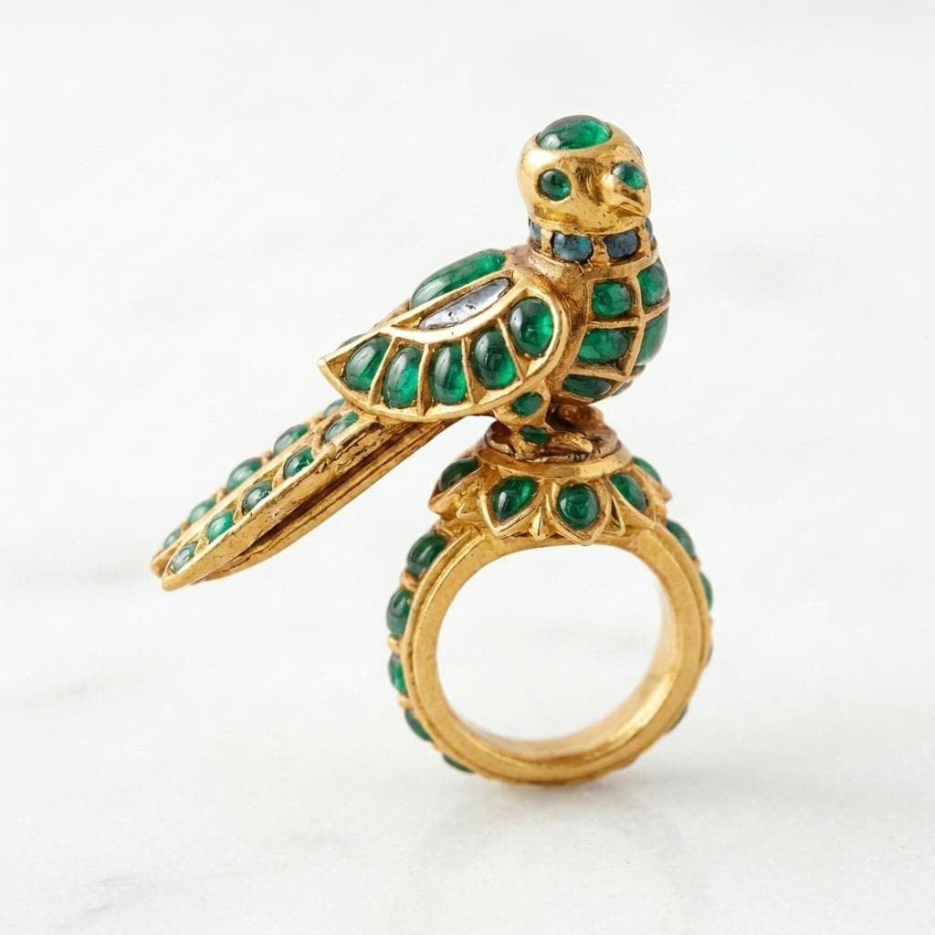 Handcrafted Mughal Parrot Ring | Ruby & Emerald 925 Sterling Silver Statement Jewelry