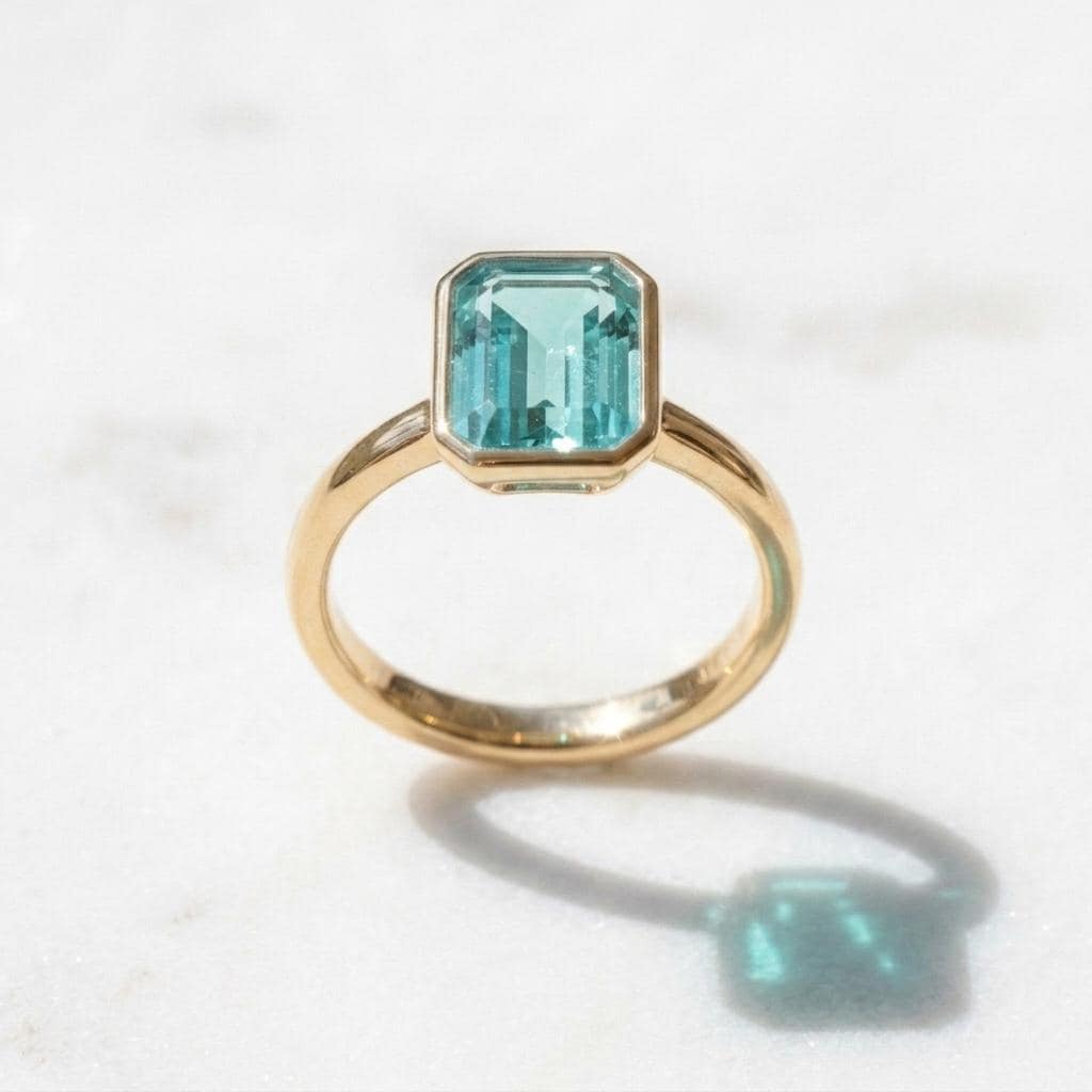 Tear Blue Topaz Ring Gold | Emerald Cut Bezel Solitaire | 18k Gold plated 925 Silver | Statement Ring | Birthday gift for her