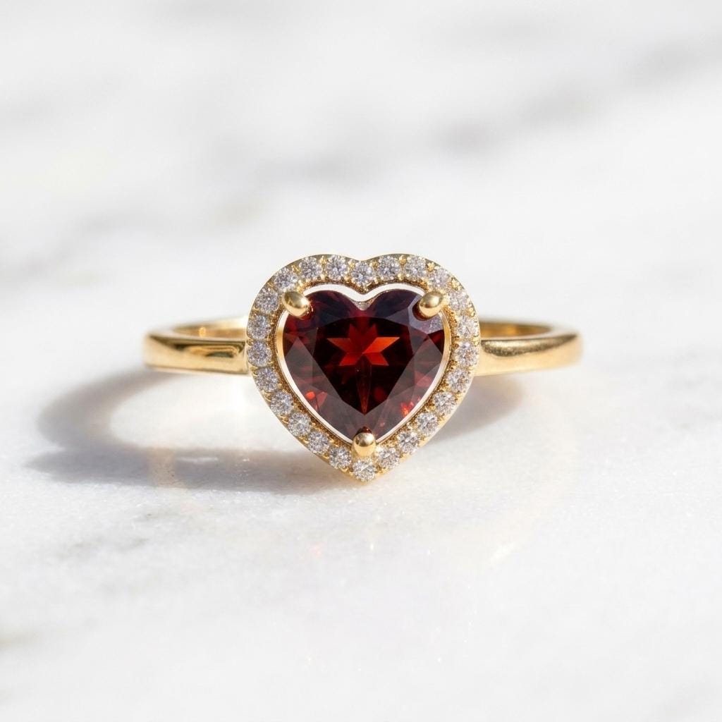 Heart Cut Garnet Ring | Halo Engagement Ring | 18K Gold Plated Red Gemstone Ring | January Birthstone Ring | Promise Ring Gift For Her