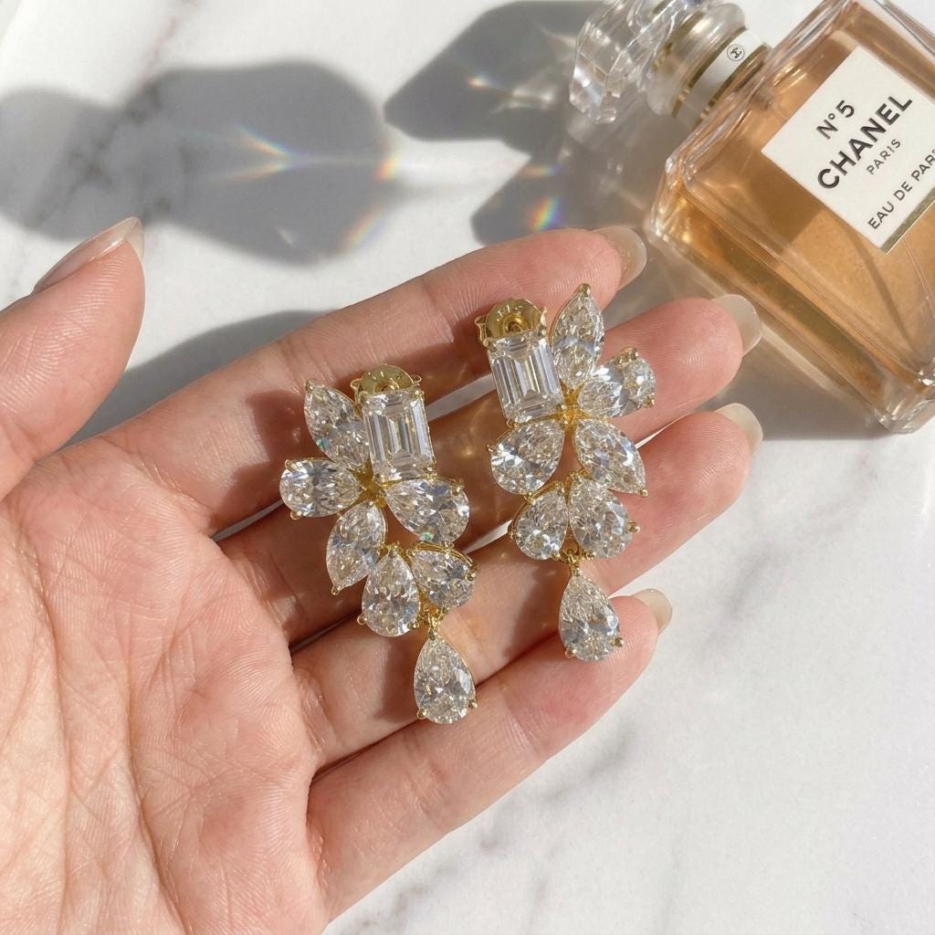 Moissanite Cluster Drop Earrings | Emerald Marquise Pear Cut Floral Statement Earrings | 18k Gold Plated 925 Silver | Bridal Wedding Dangle