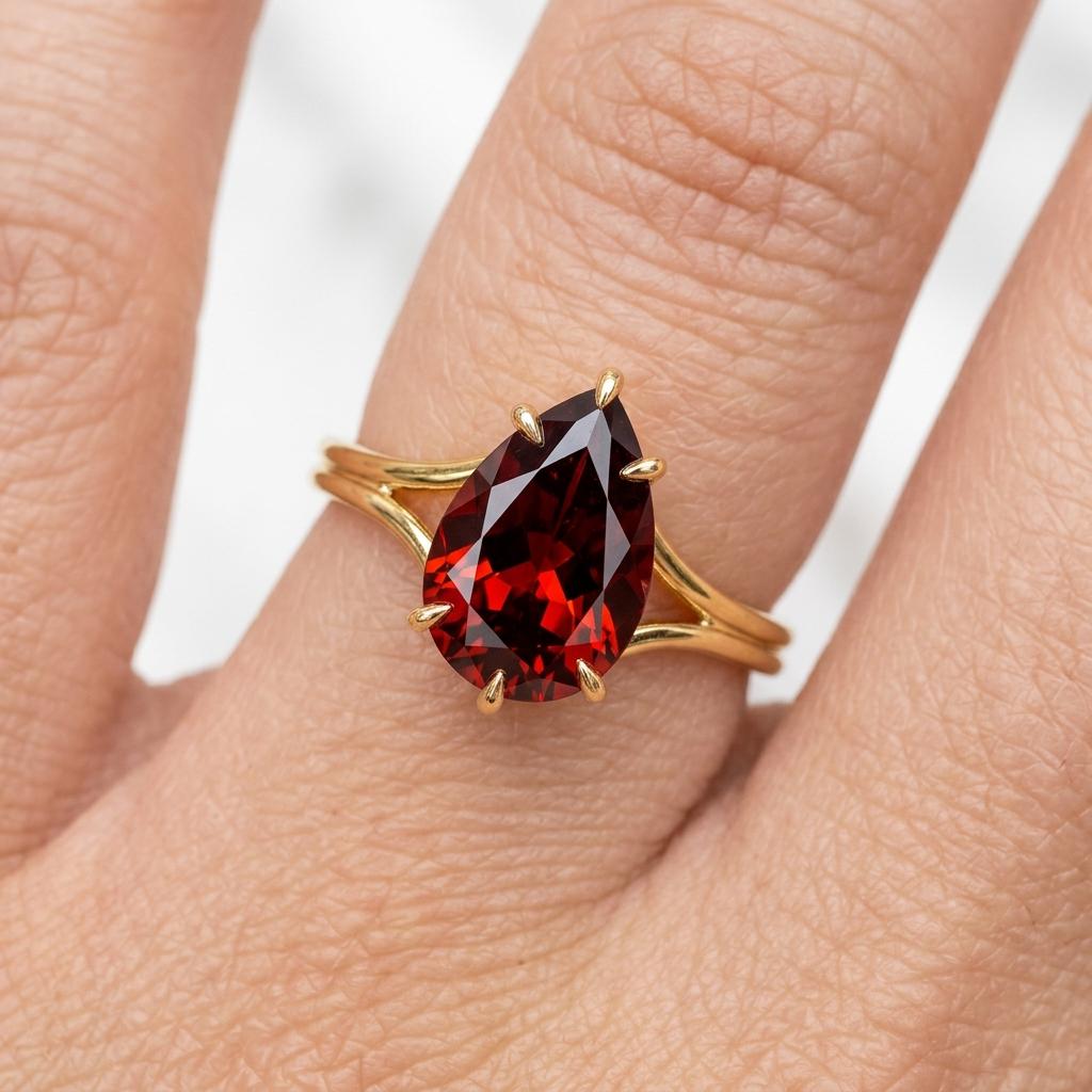 Pear Cut Red Garnet Split Shank Solitaire Ring