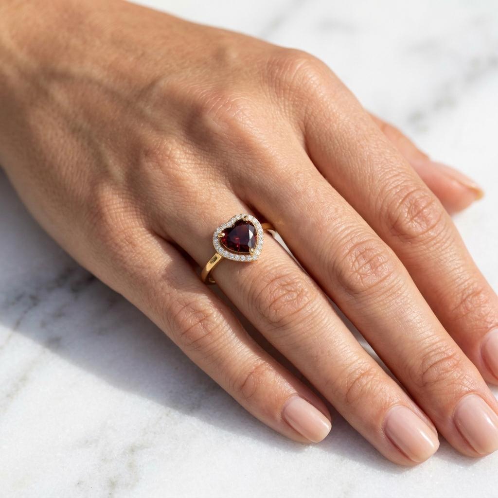 Heart Cut Garnet Ring | Halo Engagement Ring | 18K Gold Plated Red Gemstone Ring | January Birthstone Ring | Promise Ring Gift For Her