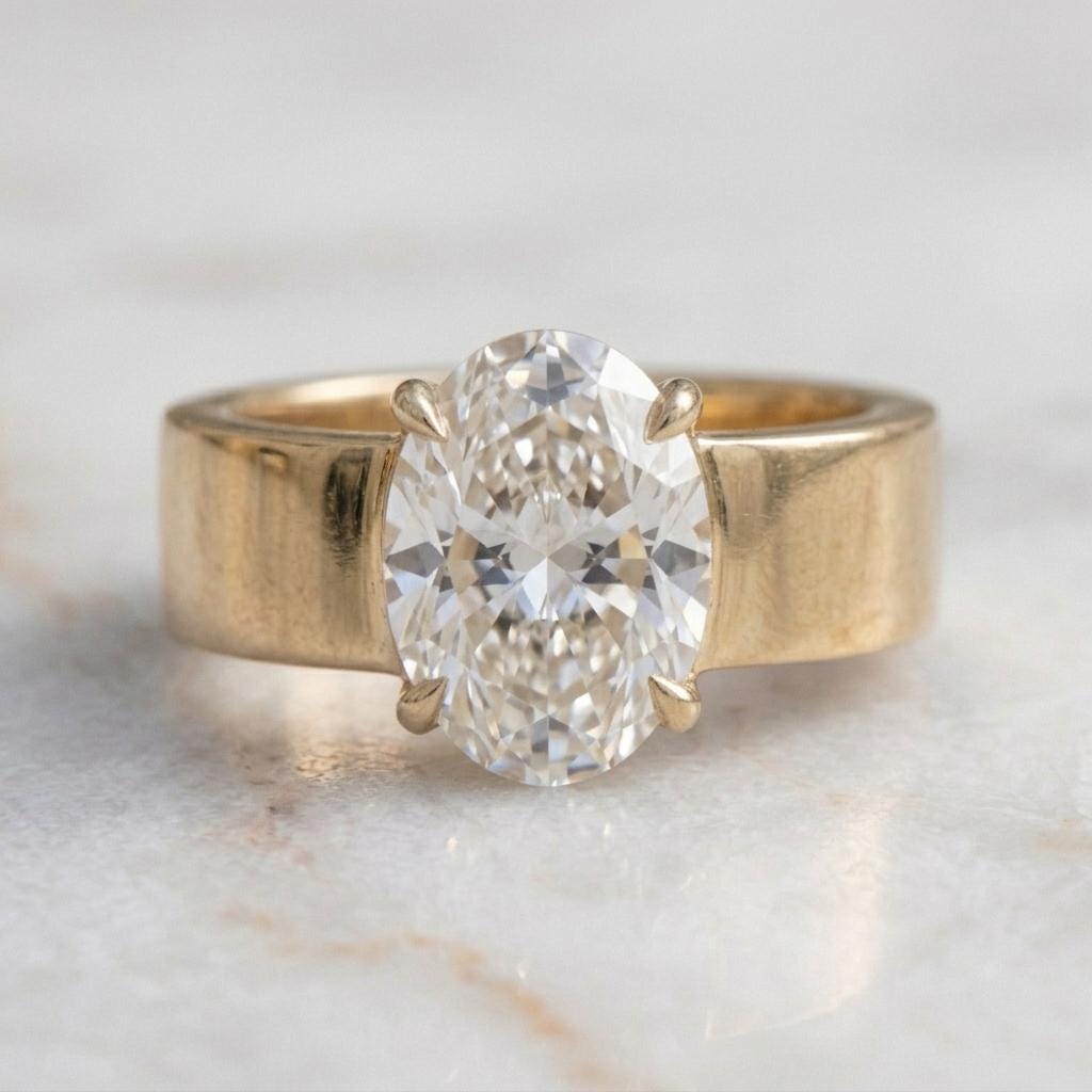 Men's Oval Moissanite Solitaire Ring | Wide Band Ring for Men | 18K Gold Plated 925 Silver | 3ct Diamond Alternative| Unisex Engagement Ring