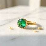 Load image into Gallery viewer, Round green Emerald Ring | Bezel Set Solitaire Ring | Hammered Band Statement Ring | May Birthstone Ring | Gift For Her