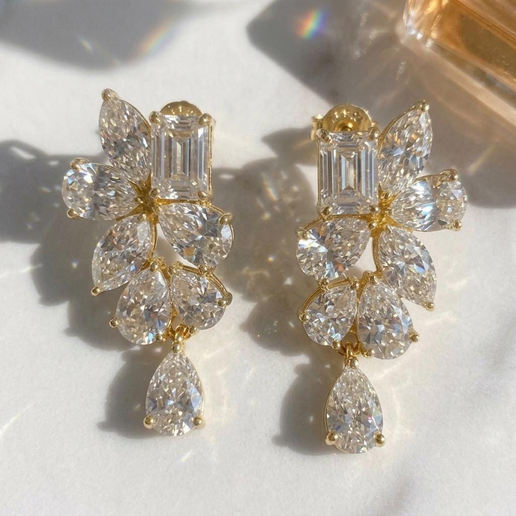 Moissanite Cluster Drop Earrings | Emerald Marquise Pear Cut Floral Statement Earrings | 18k Gold Plated 925 Silver | Bridal Wedding Dangle
