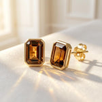 Load image into Gallery viewer, Smoky Quartz Emerald Cut Stud Earrings | Gold Bezel Solitaire Studs | Minimalist Gemstone Earrings For Women | Anniversary Gift For Her