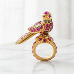 Load image into Gallery viewer, Handcrafted Mughal Parrot Ring | Ruby &amp; Emerald 925 Sterling Silver Statement Jewelry
