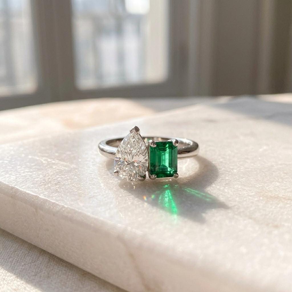 Toi Et Moi Moissanite & Emerald Ring | Two Stone Engagement Ring | 925 Sterling Silver