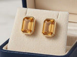 Load image into Gallery viewer, Smoky Quartz Emerald Cut Stud Earrings | Gold Bezel Solitaire Studs | Minimalist Gemstone Earrings For Women | Anniversary Gift For Her
