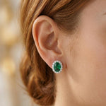 Load image into Gallery viewer, Oval Emerald Halo Stud Earrings 925 Silver | May Birthstone Pave Studs | Lab Emerald Bridal Jewelry | Anniversary Gift For Her | Green