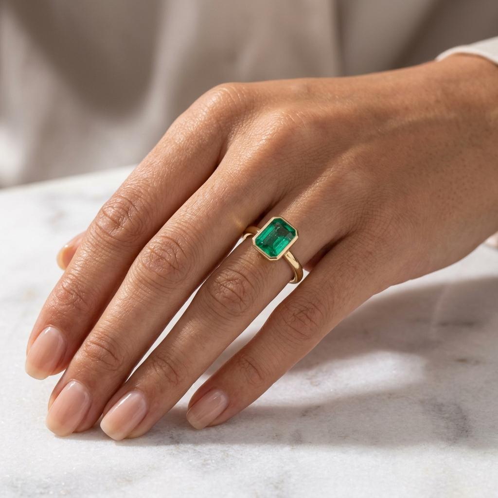 Emerald Solitaire Ring | 18K Gold Bezel Ring | Emerald Cut Engagement Ring | Minimalist Statement Ring | May Birthstone Ring
