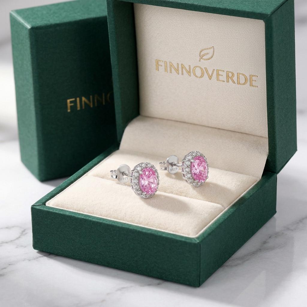 Pink Moissanite Stud Earrings | Oval Halo Earrings | 925 Sterling Silver | Pink Gemstone Studs | Moissanite Jewelry | Anniversary Gift Her