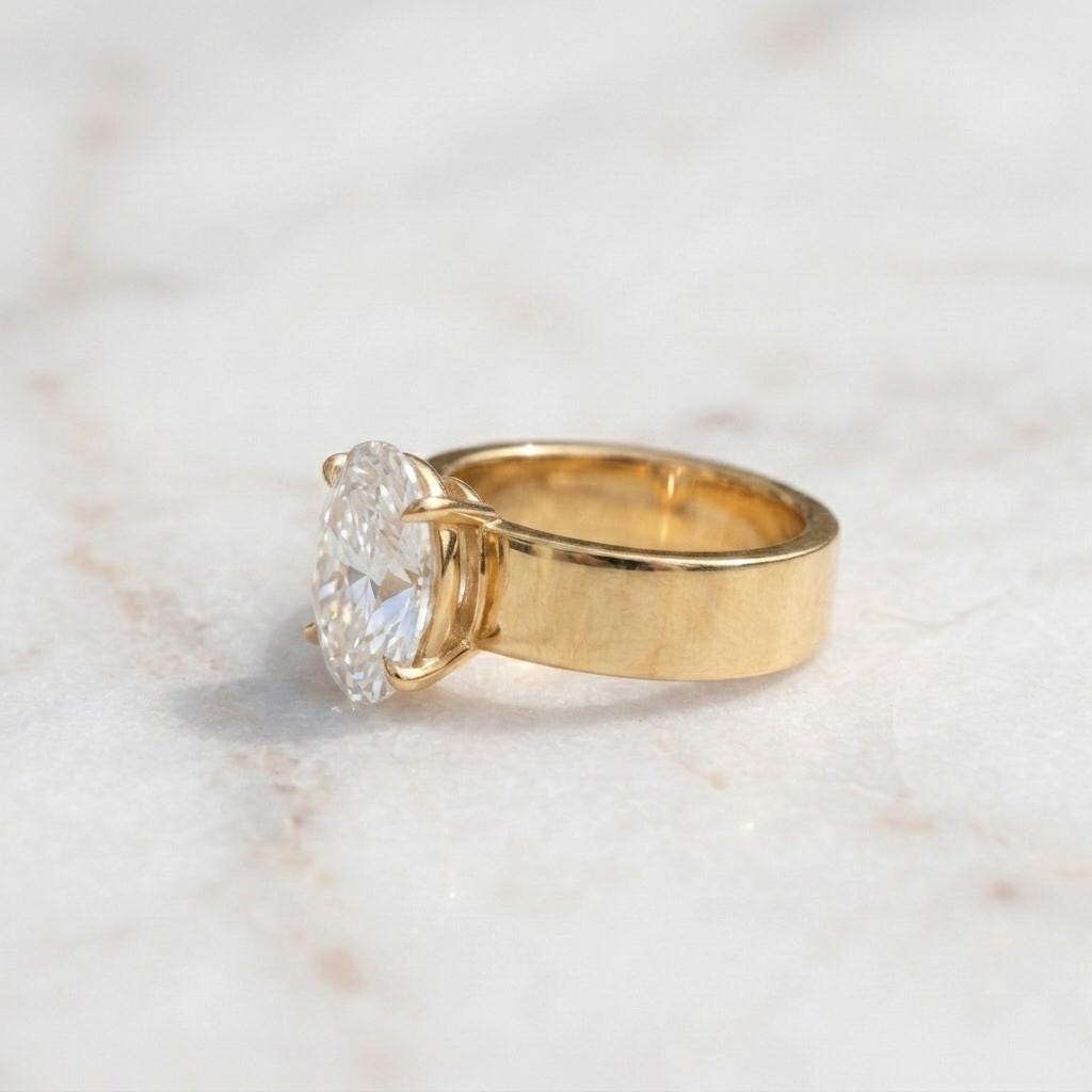 Men's Oval Moissanite Solitaire Ring | Wide Band Ring for Men | 18K Gold Plated 925 Silver | 3ct Diamond Alternative| Unisex Engagement Ring