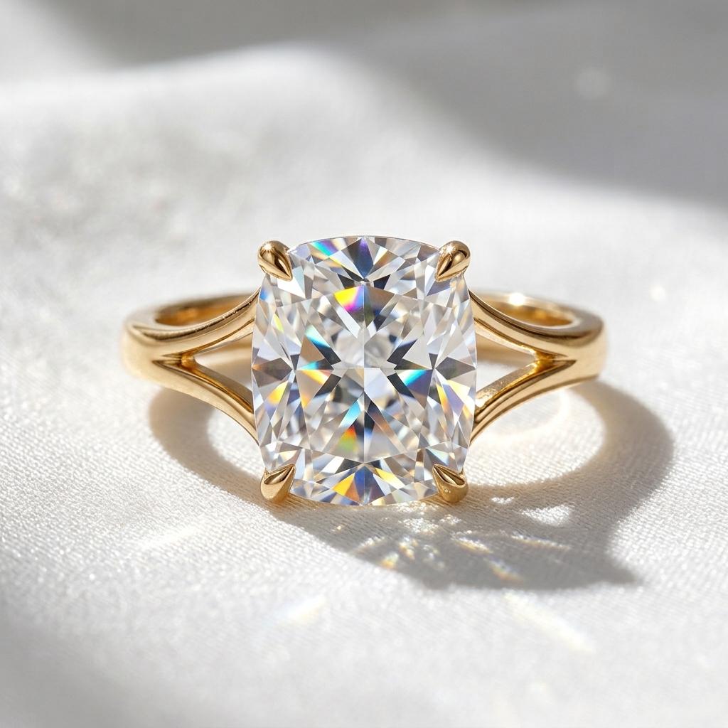 Cushion Cut Moissanite Ring | 18K Gold Plated Solitaire Engagement Ring | Split Shank 4 Prong | Diamond Alternative Ring | Gift For Women