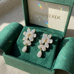 Load image into Gallery viewer, Moissanite Cluster Drop Earrings | Emerald Marquise Pear Cut Floral Statement Earrings | 18k Gold Plated 925 Silver | Bridal Wedding Dangle