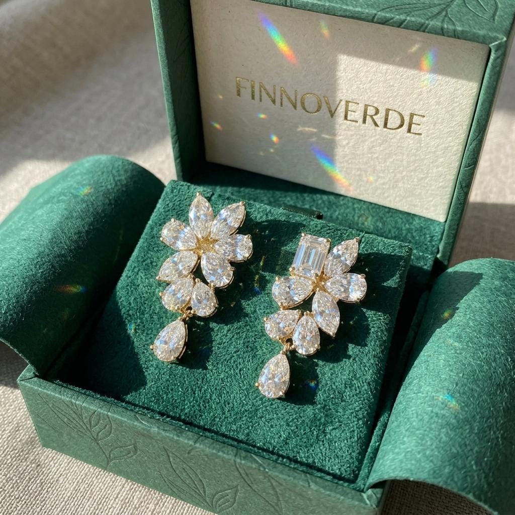 Moissanite Cluster Drop Earrings | Emerald Marquise Pear Cut Floral Statement Earrings | 18k Gold Plated 925 Silver | Bridal Wedding Dangle