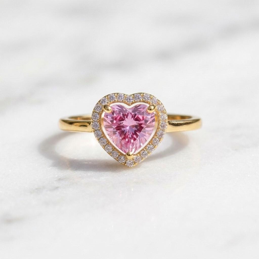 Pink Heart Halo Ring | Heart Cut CZ Stone Ring | 18K Gold Plated 925 Silver | Diamond Halo Engagement Ring | Promise Ring For Her