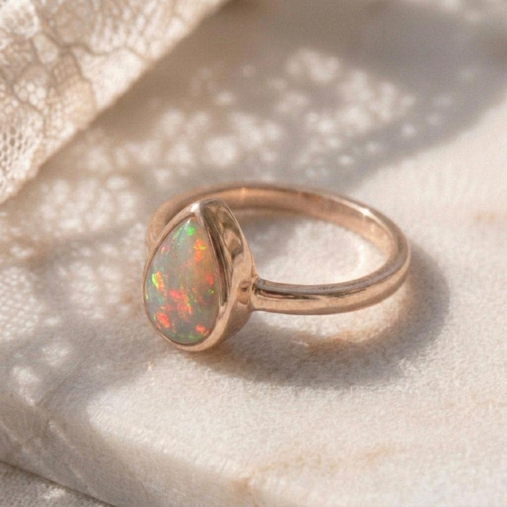 Natural Fire Opal Ring | Pear Cut Opal Bezel Ring Sterling Silver | Rose Gold Plated Ring | Engagement Ring | Boho Opal Ring