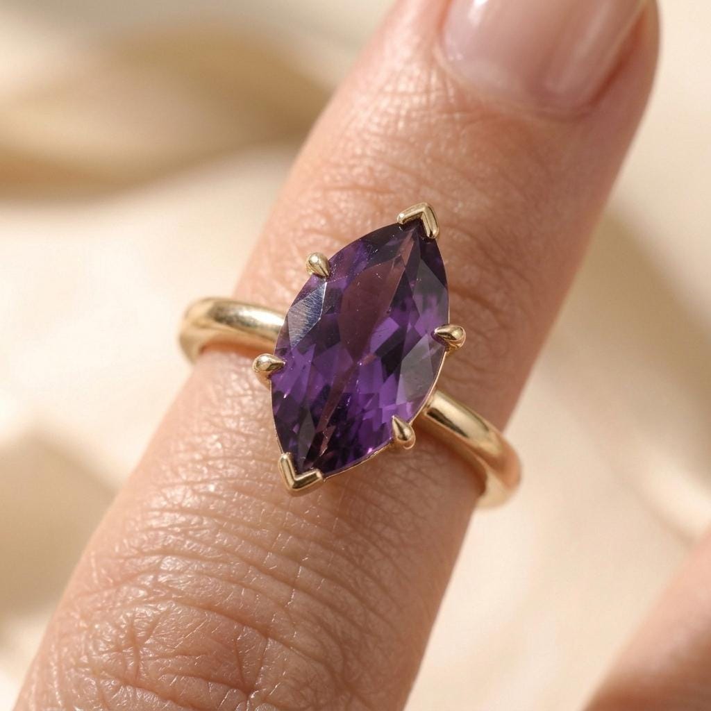Marquise Amethyst Ring | 18k Gold Plated 925 Silver | Purple Gemstone Prong Setting Engagement Ring | Handmade Statement Ring For Women