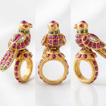 Load image into Gallery viewer, Handcrafted Mughal Parrot Ring | Ruby &amp; Emerald 925 Sterling Silver Statement Jewelry
