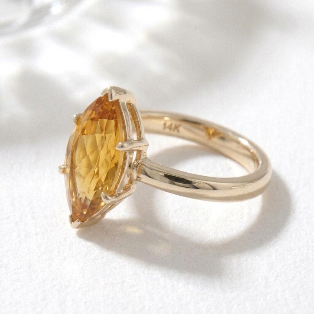 Yellow Citrine Ring | Marquise Cut 18K Gold Plated | Sterling Silver Prong Set | November Birthstone | Statement Ring for Her | Minimalist
