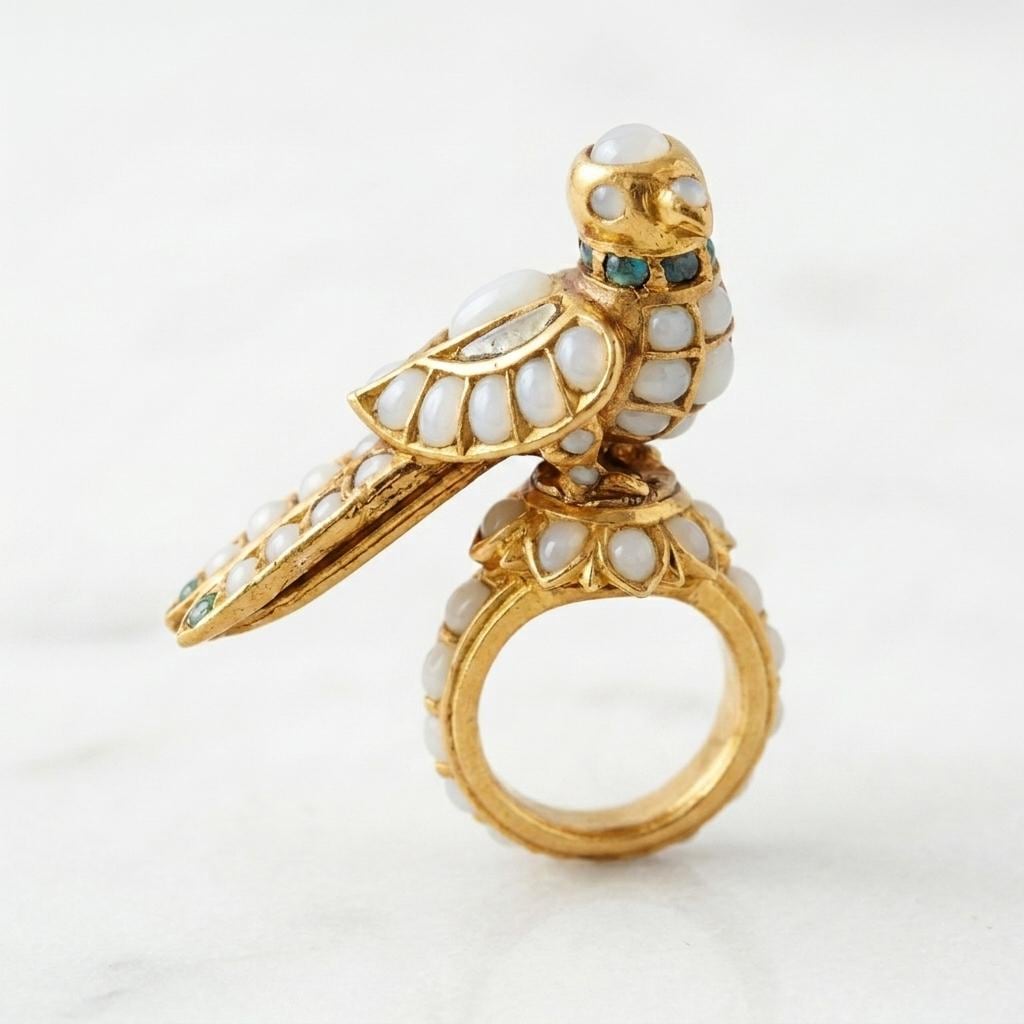 Handcrafted Mughal Parrot Ring | Ruby & Emerald 925 Sterling Silver Statement Jewelry
