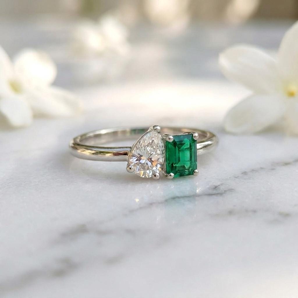 Toi Et Moi Moissanite & Emerald Ring | Two Stone Engagement Ring | 925 Sterling Silver