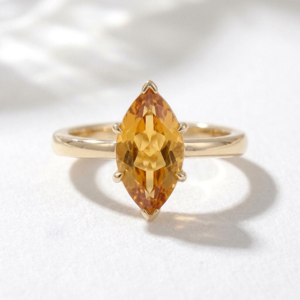 Yellow Citrine Ring | Marquise Cut 18K Gold Plated | Sterling Silver Prong Set | November Birthstone | Statement Ring for Her | Minimalist