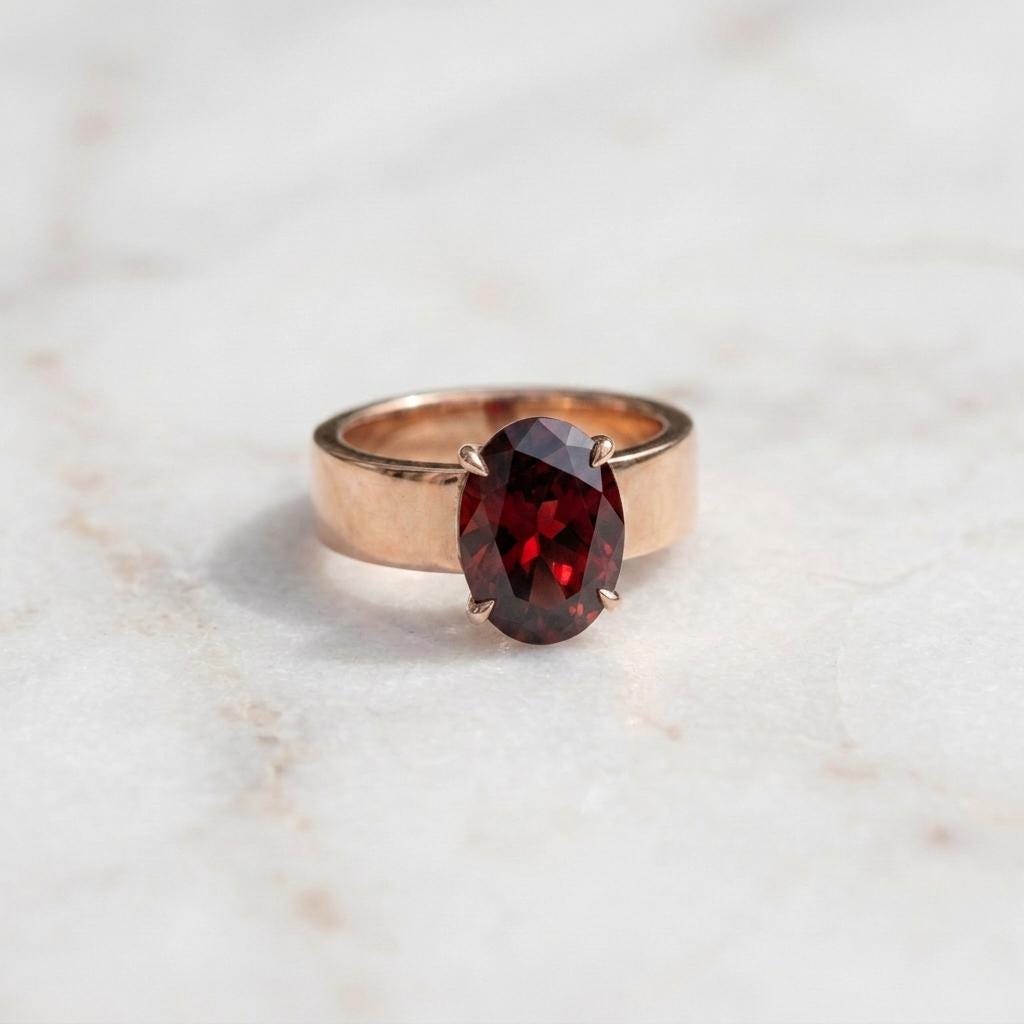 Men's Oval Garnet Solitaire Ring |  Wide Cigar Band Ring for Men | 18K Gold Plated 925 Silver | Red Gemstone Ring | Unisex Statement Ring