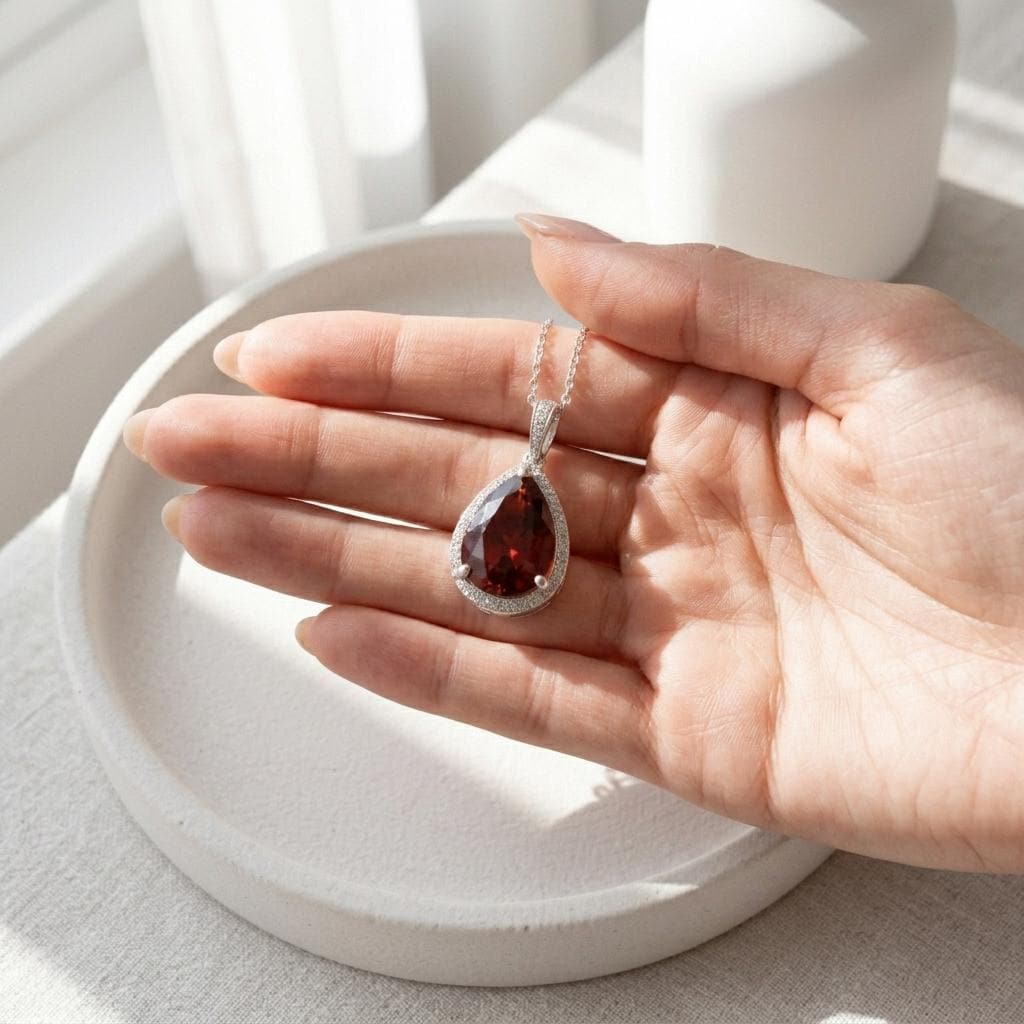 Red Garnet Pendant Necklace | Pear Cut Halo Pendant | 925 Sterling Silver | Garnet Jewelry | January Birthstone Gift | Statement Necklace
